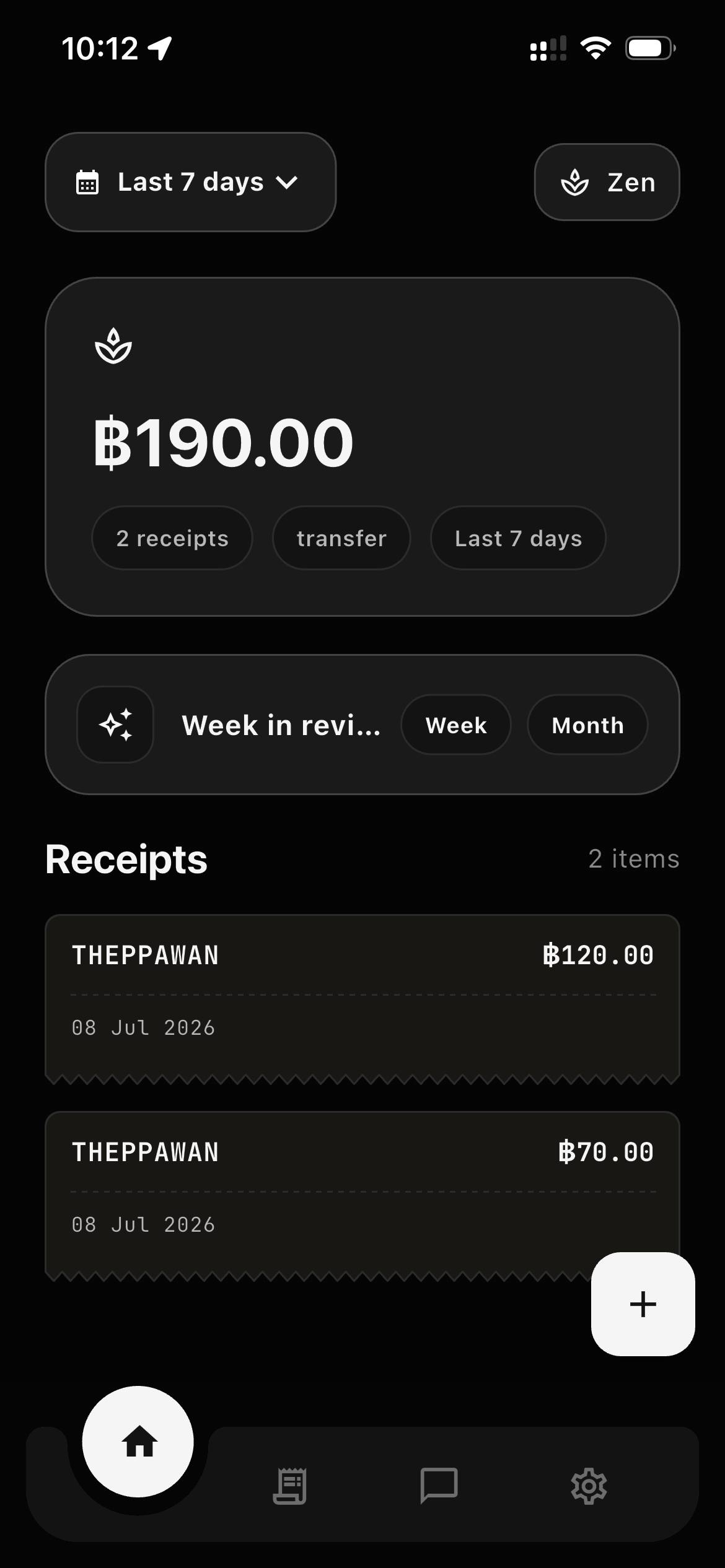SnapSpend home screen — spending summary and recent receipts