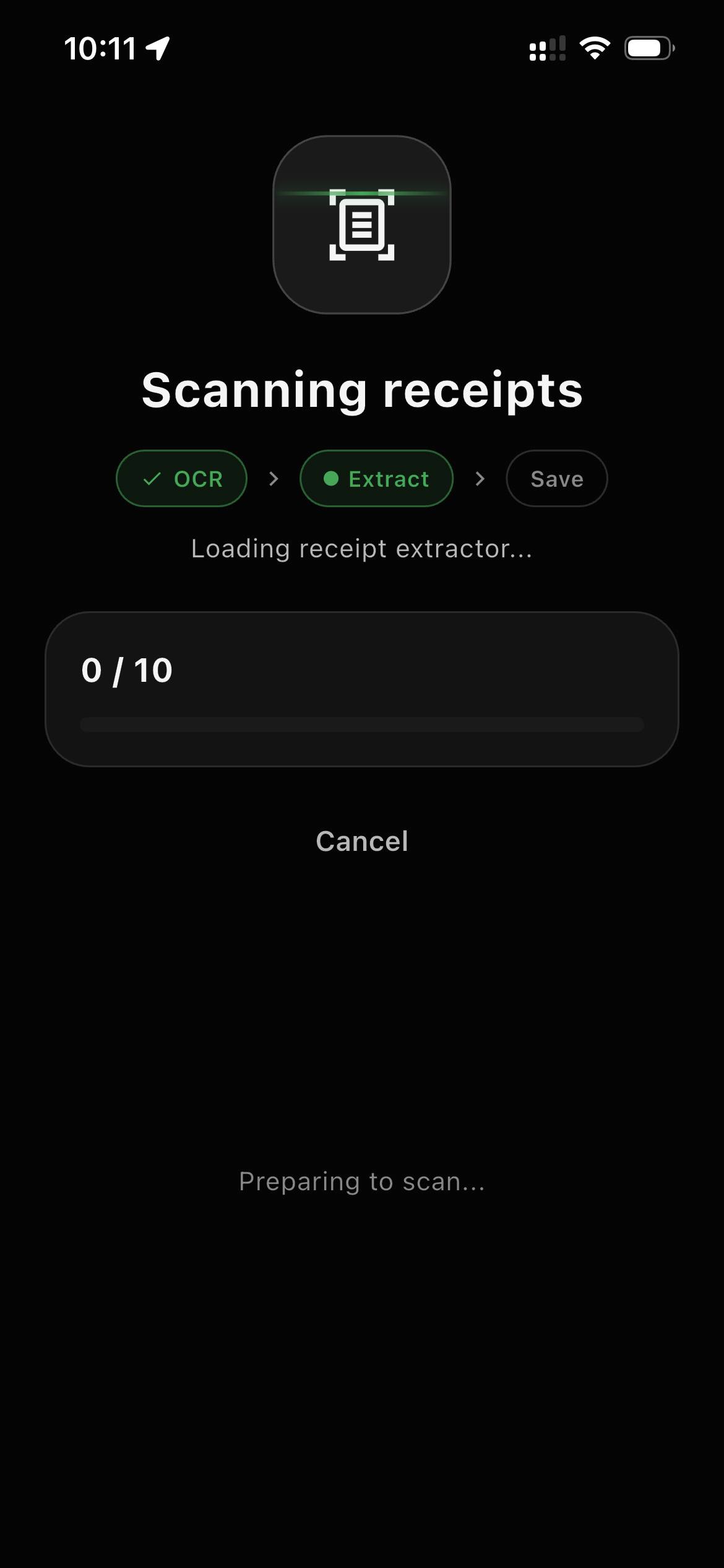 SnapSpend scanning a receipt on-device